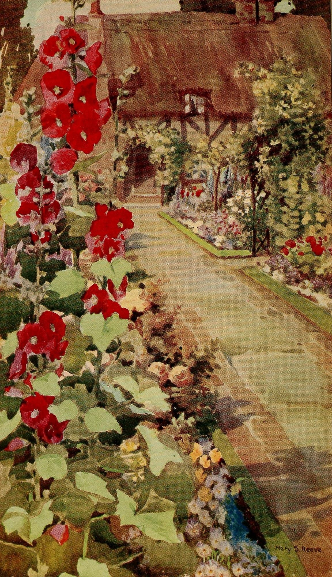 Every Womans Flower Garden 1915 Hollyhocks & Garden Canvas Art - Mary S Reeve (18 x 24)