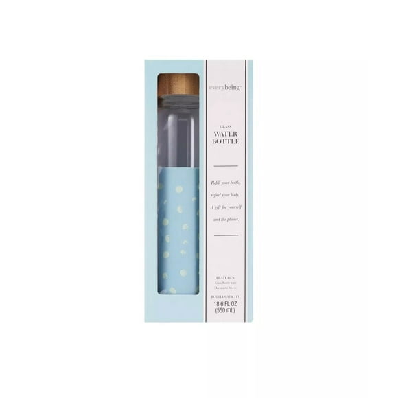 Everybeing Glass Water Bottle with Blue Silicone Sleeve 18.6 oz