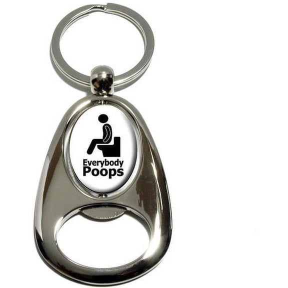 Everybody Poops, Person on Toilet, Chrome Plated Metal Spinning Oval Design Bottle Opener Keychain Key Ring