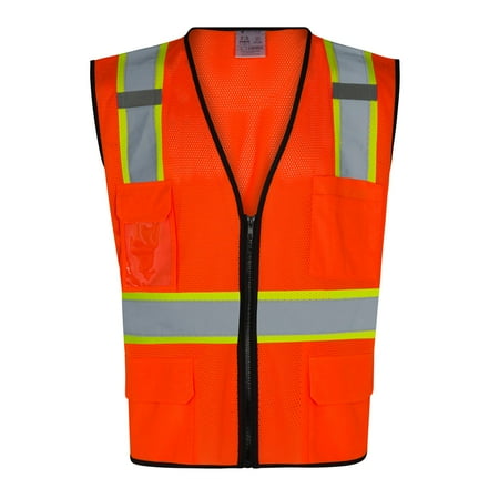 Everyday ANSI Class 2 with Contrast and Black Trim with 6 Pockets Zipper Vest (ORANGE)