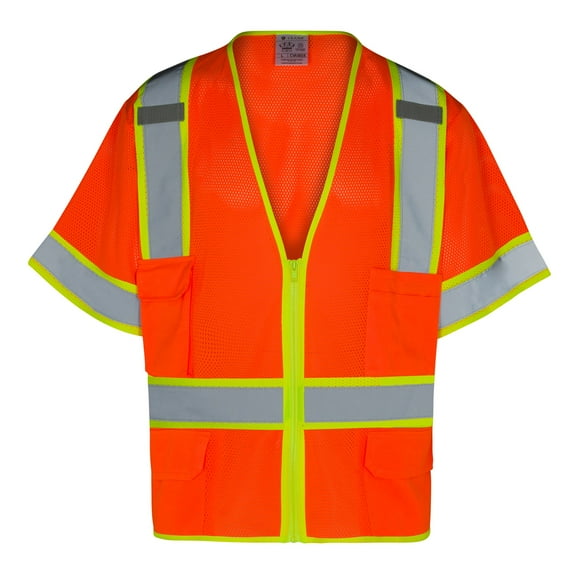 Everyday ANSI Class 3 with Contrast with 6 Pockets Short Sleeve Zipper Vest (ORANGE)