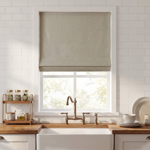 Everyday Celebration 100% Blackout Roman Shade-Belgian Linen Look Polyester Fabric, 34x64" Natural linen