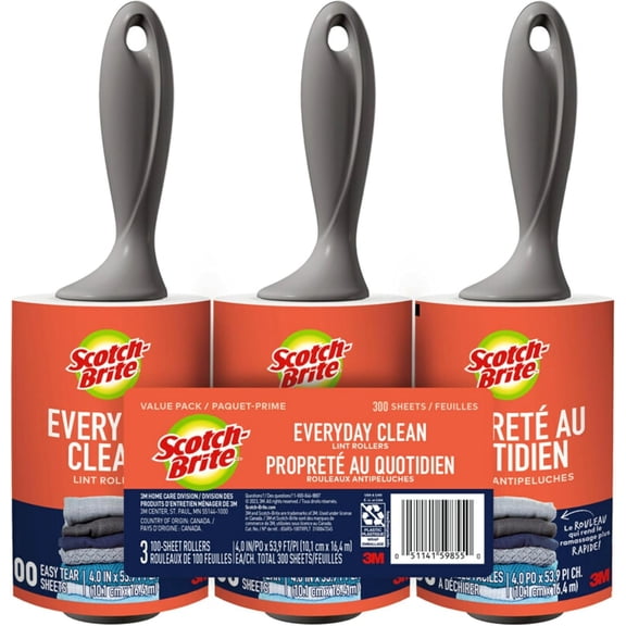 Everyday Lint Roller, White, Manual Option, 3 Pack, Remover for Pet Hair, Dark Clothes, Furniture, and Dusty Surfaces, 300 Adhesive Sheets Total