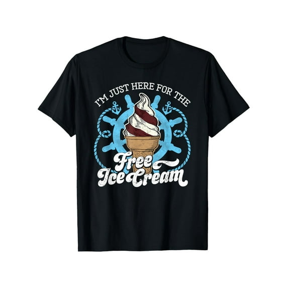 [Everyday Comfort] I'm Just Here for the Free Ice Cream Funny Graphic T-Shirt - Unisex Casual Round Neck Short Sleeve, 100% Cotton, S-XXXL, Black with Colorful Ice Cream Design,