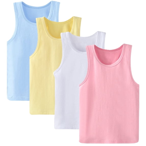 Everyday Comfort Sleeveless Shirts for Girls, 4 Pack in Assorted Solid Colors, Soft Jersey Cotton Undershirts for Toddler to Age 8