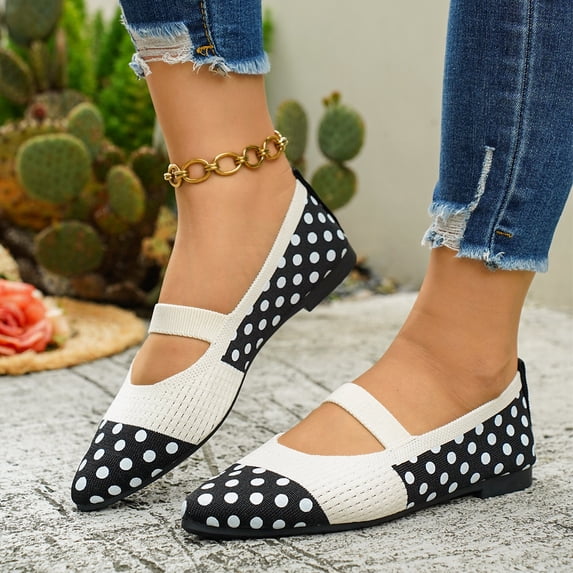 Everyday Comfortable Ballet Shoes, Walking Shoes Women Slip On, Women's Polka Dots Mesh Ballet Flats Bowknot Pointed Toe Ballerina Flats Closed Toe Comfortable Casual Work Shoes, White 6.5