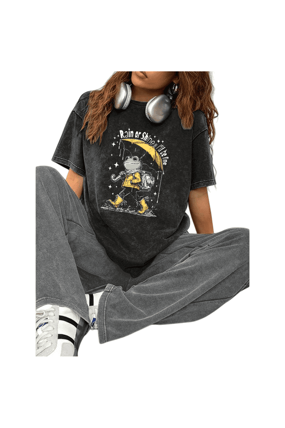 Everyday Commute Shirts Washed Black Retro Rainy Day Frog Print Tshirt Trendy Graphic Tees S-2XL Tops
