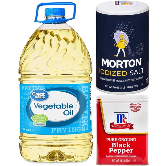 Everyday Cooking Essentials Bundle with Vegetable Oil, Iodized Salt and Ground Black Pepper