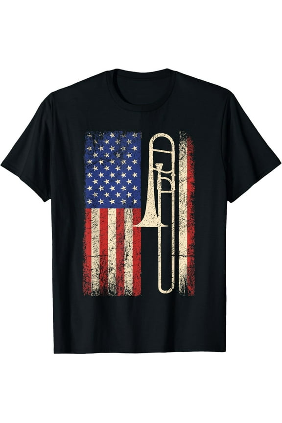 Everyday Cotton Comfort - Trombone USA American Flag Shirt Jazz Music Vintage Men Tee T-Shirt
