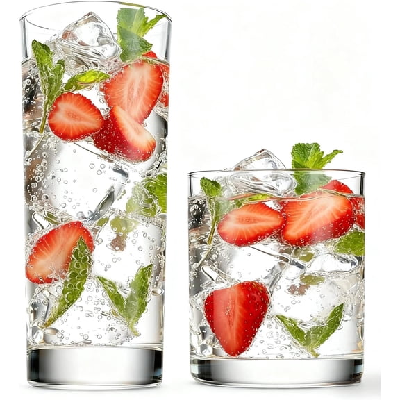 Everyday Drinking Glasses Set of 8, 14oz Tall Glass Cups & 10.5oz Short Dof Glasses Glass Water Cups, Hurricane Tumbler Drinkware for Cocktail, Iced Coffee, Beer, Tea, Wine, Whiskey