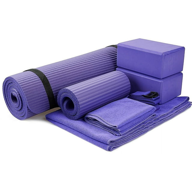 Everyday Essentials Go Yoga 7-Piece Set - Include Yoga Mat with Carrying Strap, 2 Yoga Blocks, Yoga Mat Towel, Yoga Hand Towel, Yoga Strap and Yoga Knee Pad