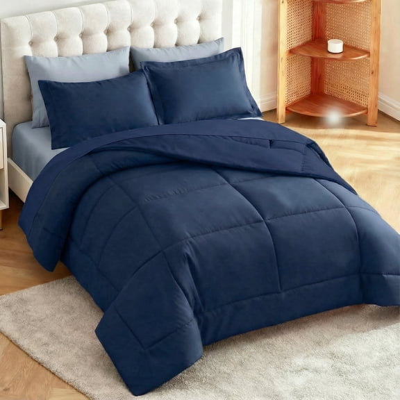 King Size Bedding Comforter Set 7-Piece,Luxurious Microfiber For All Season,Bed in a Bag with Sheet,Comforter And Pillowcases,Navy