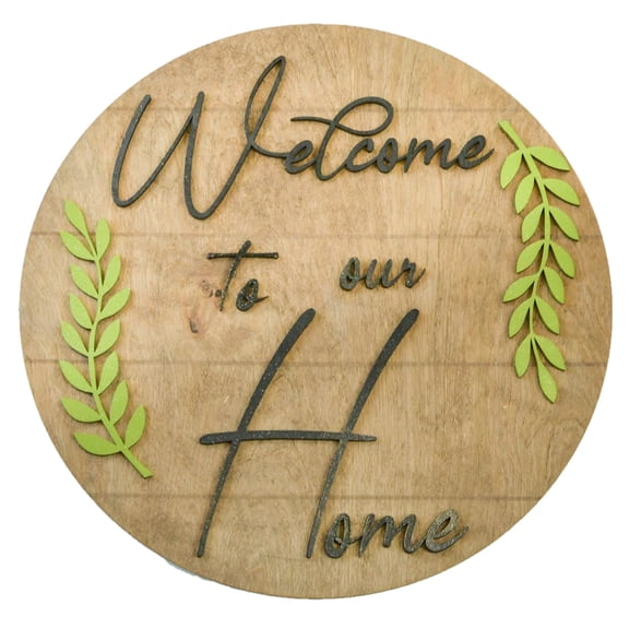 Everyday Family Door Hanger - Farmhouse Shiplap Round Front Porch Decor - Black White Green Brown (Welcome to Our Home)