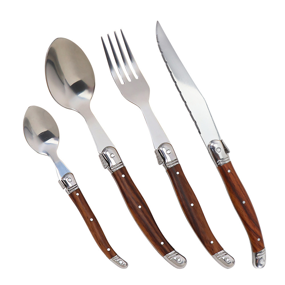 Everyday Flatware Set With Faux Wood Handles, Stainless Steel