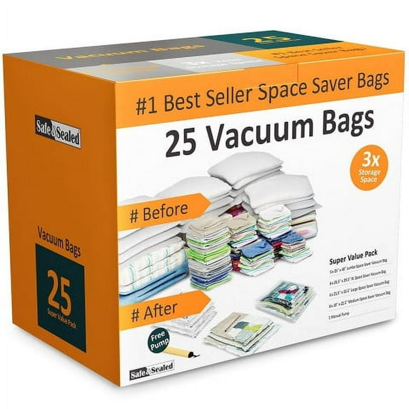 Home-Complete 25 Vacuum Storage Bags with Pump for Storing Clothes (Clear)