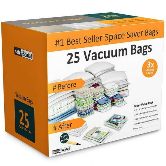 Home-Complete 25 Vacuum Storage Bags with Pump for Storing Clothes (Clear)