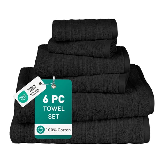 Trident Hotel & Spa Inspired Bath Towel Set, Set of 6, 100% Cotton, Soft, Fast-Dri Technology , Super Absorbent for Everyday Use, Black