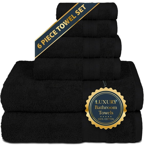 Everyday Home by Trident 6 Pc Bath Towel Set, 100% Cotton, Plush, Absorbent, Soft Comfort Bathroom Towels, Black
