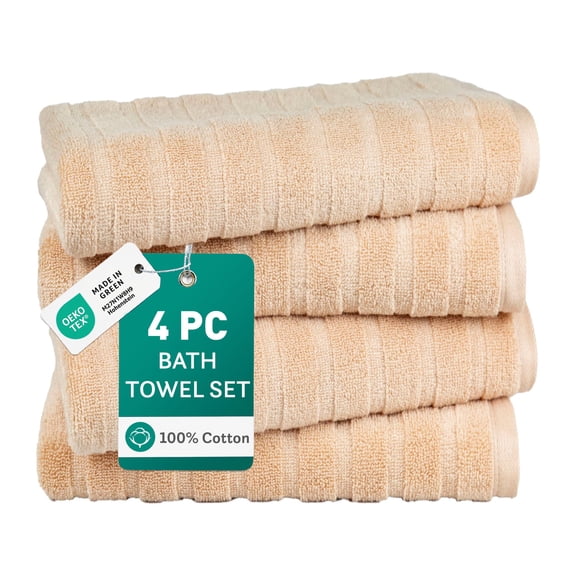Trident Zero Twist Cotton Bath Towels,Pack of 4, Fast-Dri Technology, Soft, Lightweight & Super Absorbent, Hotel Quality, Beige