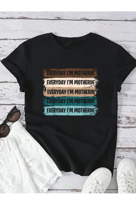 Everyday I'm Motherin' Women's Retro Graphic T-Shirt Vintage Distressed Mom Life Tee Funny Mother's Day Short Sleeve Apparel