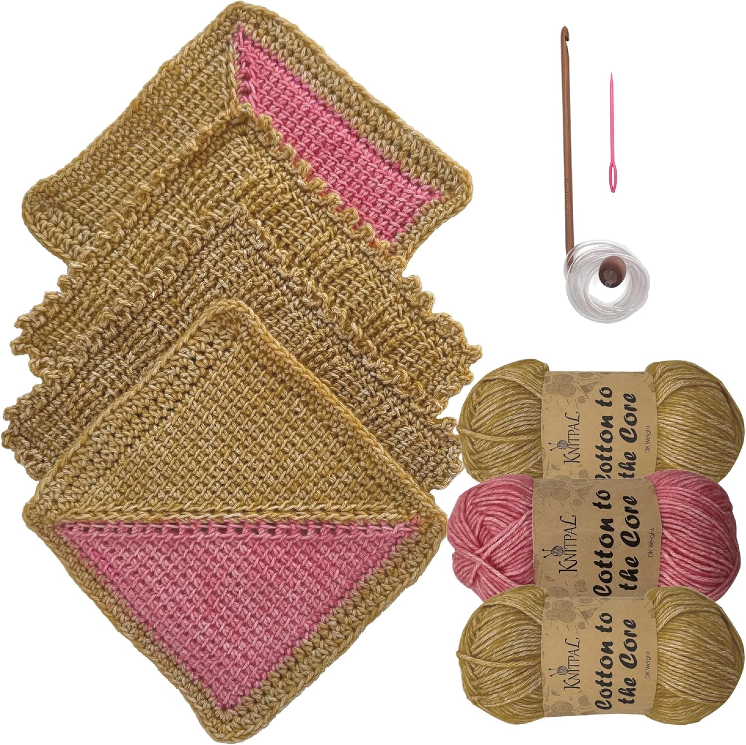 Everyday Joy Tunisian Crochet Dishcloth Kit for Confident Beginners – Make 4 Reusable Dishcloths Cotton Yarn, Hook, 2 Patterns & Video Tutorials (Camel Brown+Flamingo Pink)