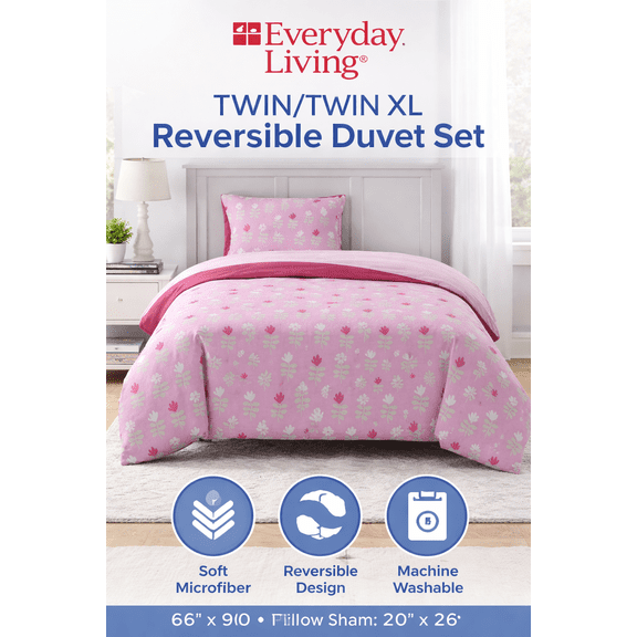 Everyday Living Twin/Twin XL Reversible Duvet Set, Soft Microfiber, 2-Piece (Pink Floral)