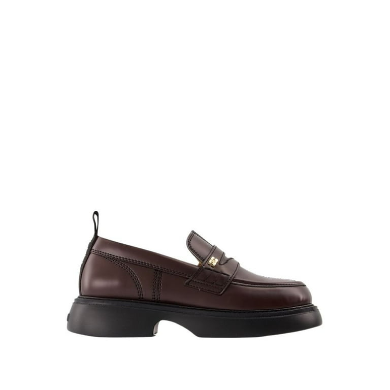 brown dress red lipstick Ganni Brown Eyelets Lace Up Mule