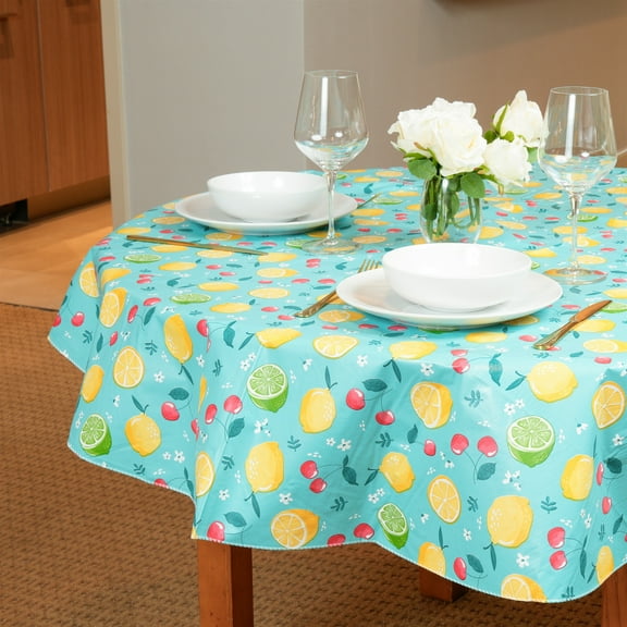 Everyday Luxuries Waterproof Oval Fitted Tablecloth 52 x 70 Inch Stain and Wrinkle Resistant | Decorative 3.6 gauge Lemons & Cherries Vinyl Table Cover for Indoor Outdoor Seating, Occasions.