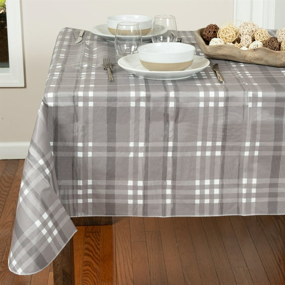 Everyday Luxuries Waterproof Square Fitted Tablecloth 52 x 52 Inch Stain and Wrinkle Resistant | Decorative 3.6 gauge Gray Atlantic Plaid Vinyl Table Cover for Indoor Outdoor Seating & Occasions.