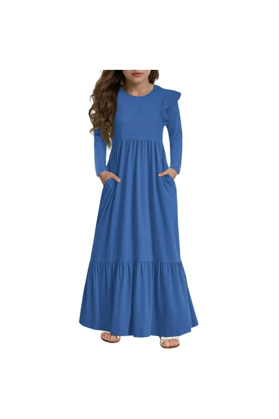 Everyday Maxi Dress, Soft Jersey Knit with a Relaxed Fit and Pockets, Perfect “Throw and Go” Dress for Busy School Mornings and Playdates,Blue,140