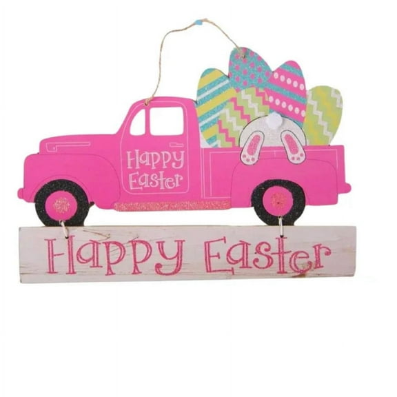 Everyday Necessiteez Happy Easter Pink Truck Glittery Decor Wall Door Hanging Sign with Jute Hanger Home Party Favor Indoor Living Room Decoration 13.5x9.75in - Pack of 1 w/ Tote Bag and Lucy Loopsie
