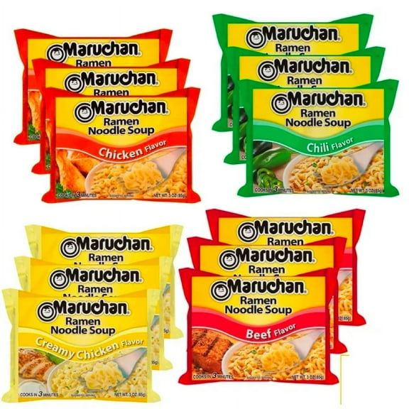 Everyday Necessiteez Instant Ramen Variety Pack (12 Packs), 3oz Chicken Beef Creamy Chicken Chili Flavored Easy Cook Noodles for Breakfast Snacks Home Kitchen College Gifts with Tote & Bonus Porte Pot