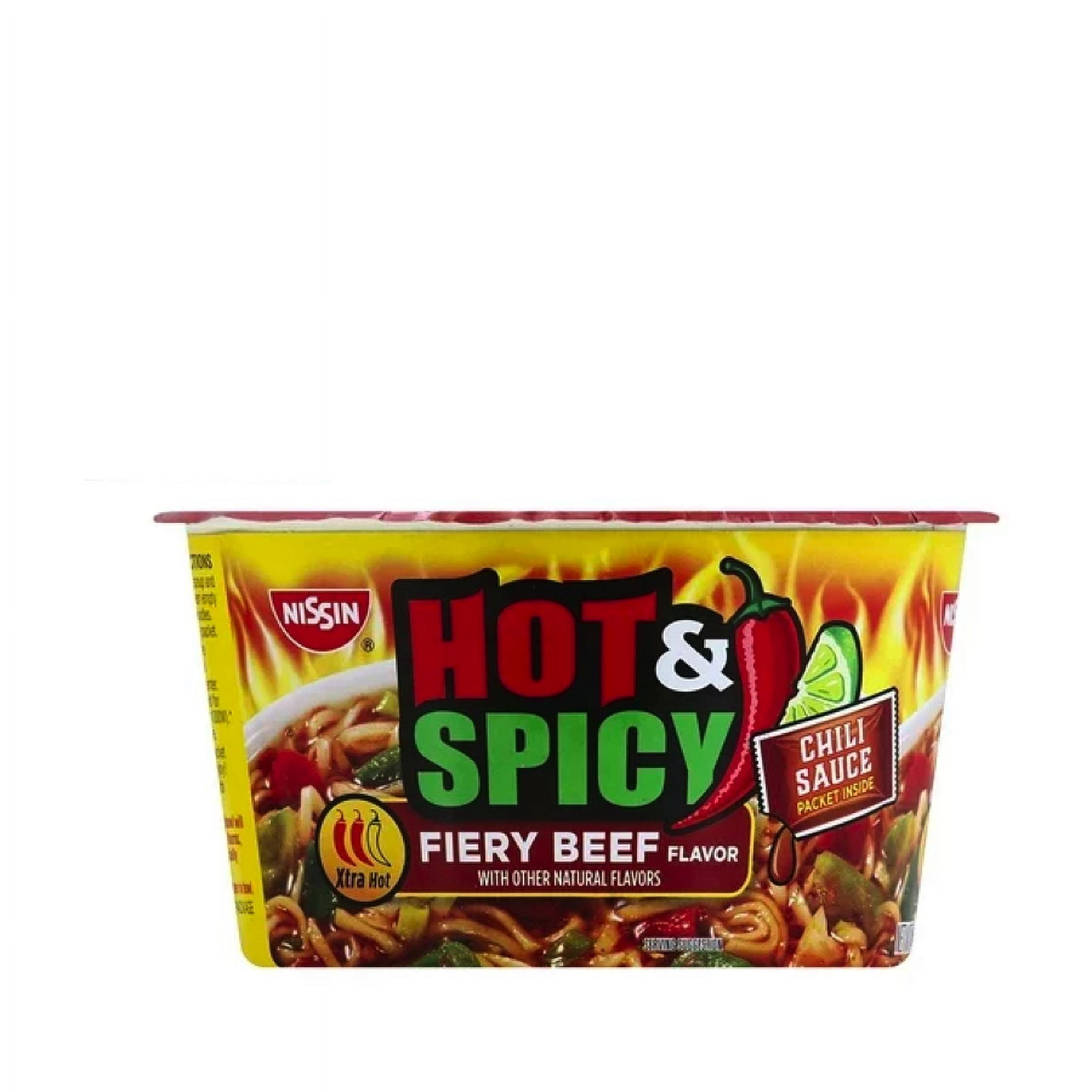 Everyday Necessiteez Nissin Bowl Noodles Hot & Spicy Beef Flavor Ramen Noodle Soup, 3.28 Oz (6 pack)~Includes Essentials Tote Bag