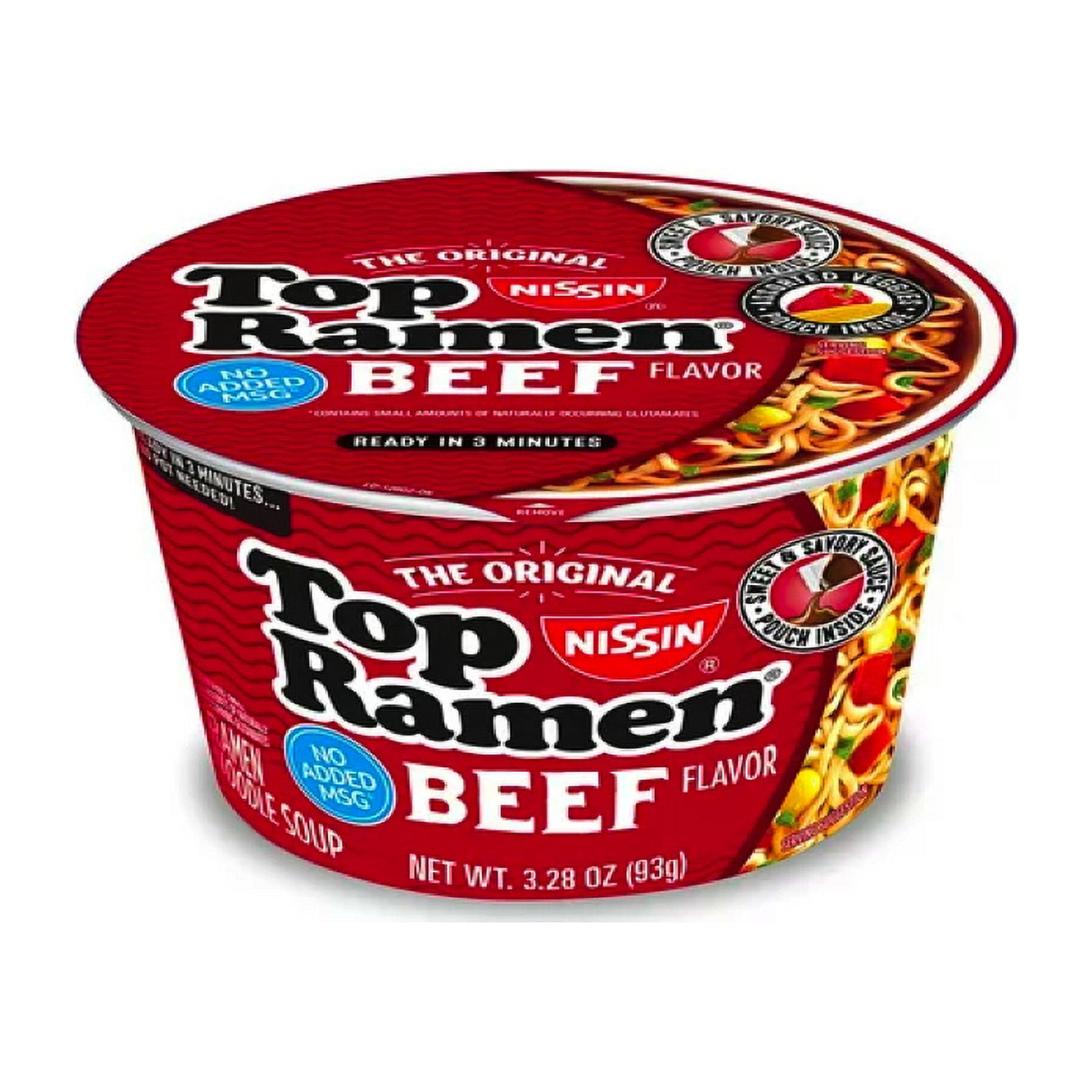 Everyday Necessiteez Nissin Top Ramen Bowl Ramen Noodle Soup, Beef, 3.28 Ounce (Pack of 12)~Includes Essentials Tote Bag & EE Porte Pot