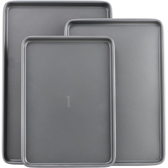 Everyday Nonstick Baking Sheet Set, 3 Pack Includes Small (139) Medium (151) and Large (1711) Pans Carbon Steel Construction Cookie Sheets Bakeware Set, Gray