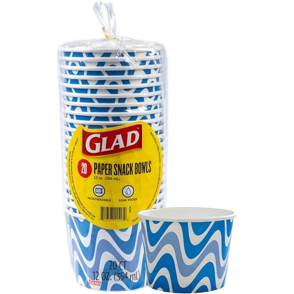 Everyday Paper Snack Bowls with Blue Wave Print, Lids Not Included - Disposable Bowls, Heavy Duty for Use, 12 Ounces, 20 Count