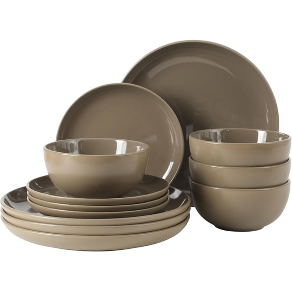 Everyday Plus 12 Piece Stoneware Dinnerware Set, Mocha Brown