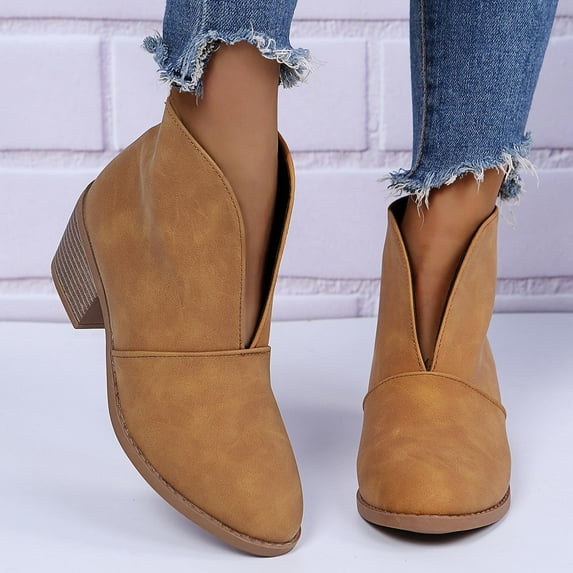 Everyday Savings Juebong Vintage Women Slip On Boots Pointed Toe Round Head Chunky Heel Short Shoes