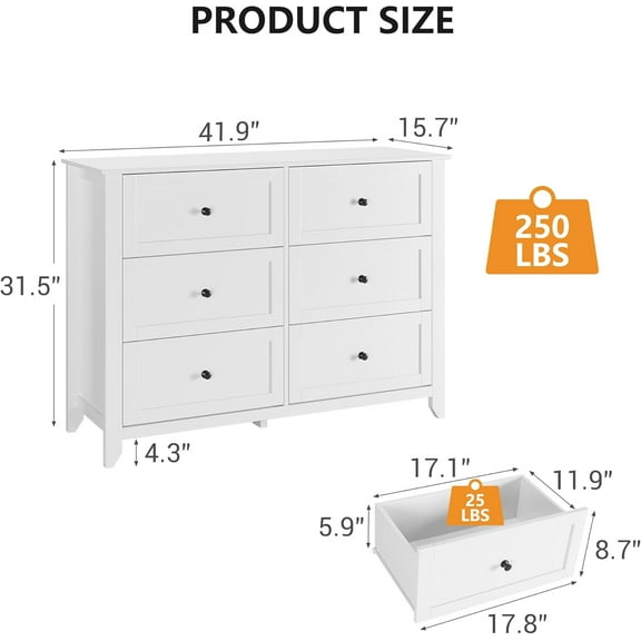 Everyday Savings Modern 6 Chest of Drawer Dresser – Stylish Wood Organizer with Deep Drawers and Nickel Round Handles for Ample Storage in Bedroom, Living Room, and Entryway,White