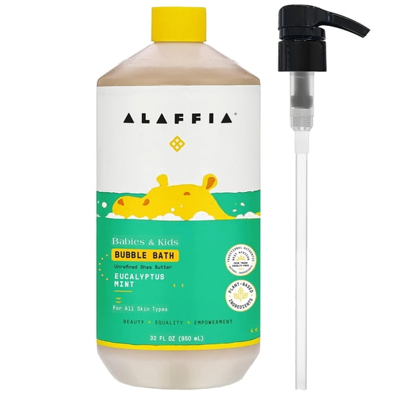 Alaffia Babies & Kids Bubble Bath, Eucalyptus Mint, Pump Included Gentle Cleanser with Raw Shea Butter and Lemon Balm, 32 Fl Oz