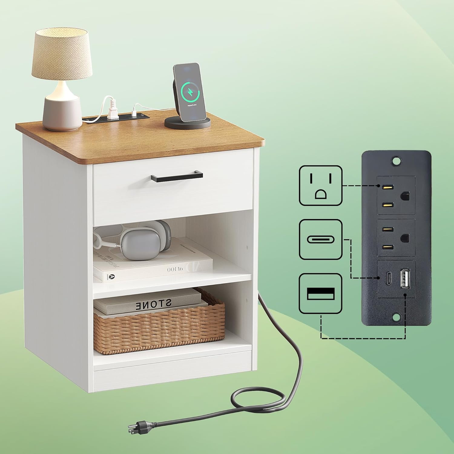 Everyday Side Table with Fast Charging Station USB C Cable Fast