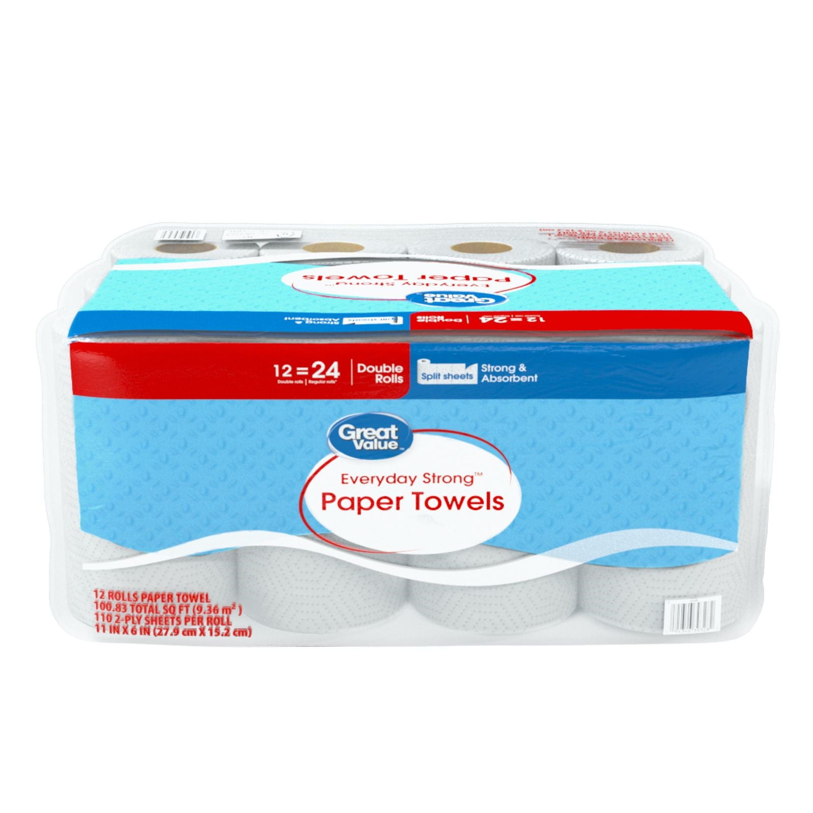 Great Value Everyday Strong Paper Towels Split Sheets, 12 Double Rolls, Compare to Sparkle