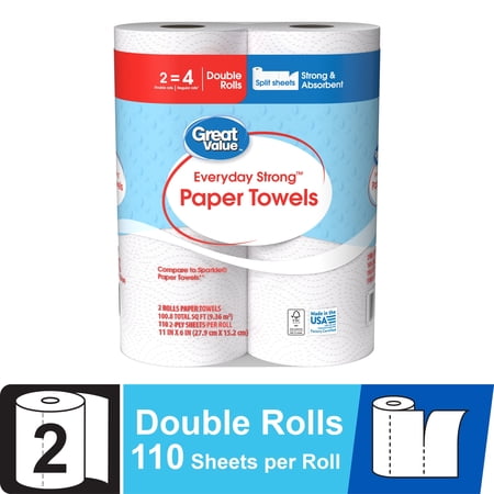 Everyday Strong Paper Towels, Split Sheets, 2 Double Rolls, Compare to Sparkle®