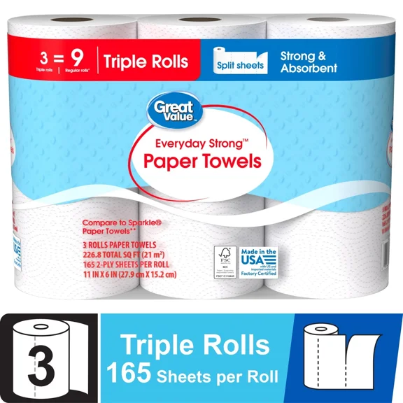 Everyday Strong Paper Towels, Split Sheets, 3 Triple Rolls, Compare To Sparkle