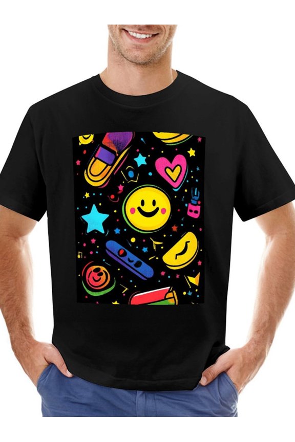 [Everyday Style] Men'S Playful Graphic Cotton Tee- Versatile Round-Neck, Short-Sleeve Top with Colorful Pencil& joyful Design, Stretchy& Machine Washable for All Seasons, Cute T Shirts