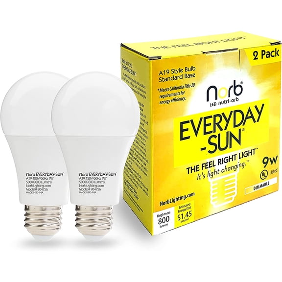 Everyday Sun Light Bulb - Full Spectrum Wellness Lighting, Sunlight-Mimicking Technology for Energy, Mood & Performance. Supports Sleep/Wake Cycles, 5000K, 9W, US Based, Budget-Priced (2-Pack)