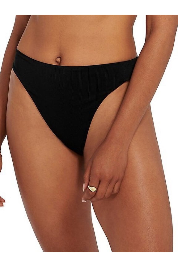 BLACK Recycled Rib High Rise Bikini Swim Bottom, US Medium