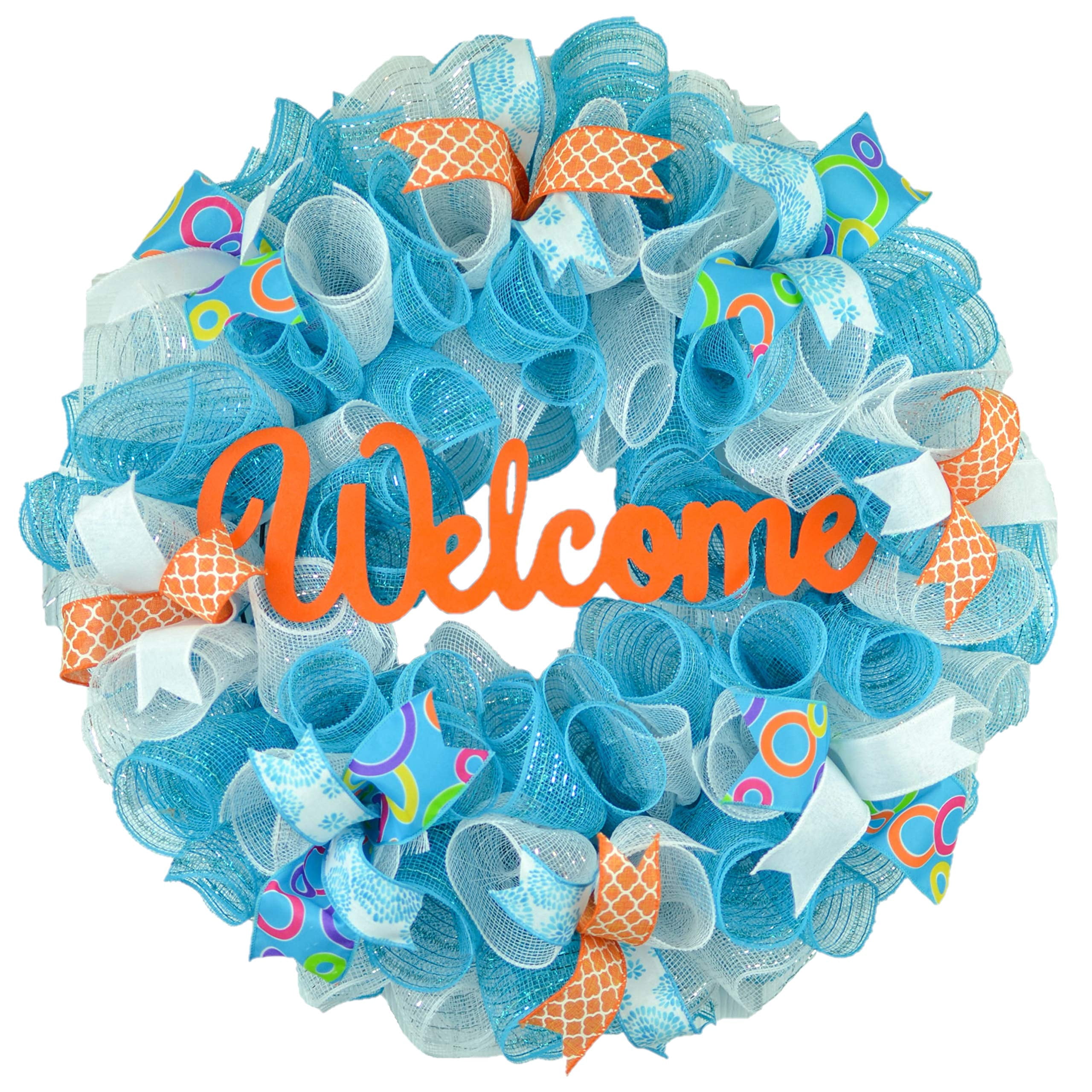 Everyday Welcome Wreath - Spring Door Wreath - Summer Mesh Wreath - Orange Turquoise White Teal : P9