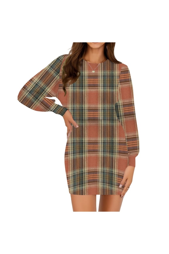 Everyday Women's Dress, Basic Long Sleeve Round Neck Style for Layering, Perfect Go-To Dress for Travel, Office Casual and Relaxing at Home. Earthy Yellow M