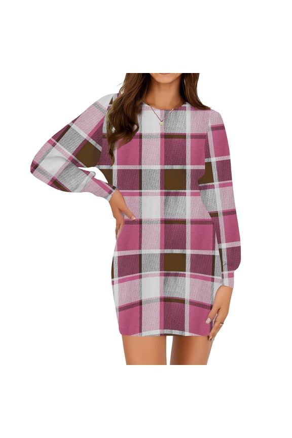 Everyday Women's Dress, Basic Long Sleeve Round Neck Style for Layering, Perfect Go-To Dress for Travel, Office Casual and Relaxing at Home. Purple Pink XL